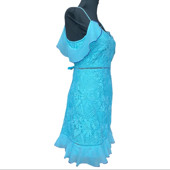 Topshop Turquoise Lace Cold Shoulder Mini Dress Women’s 8 - Picture 2 of 10